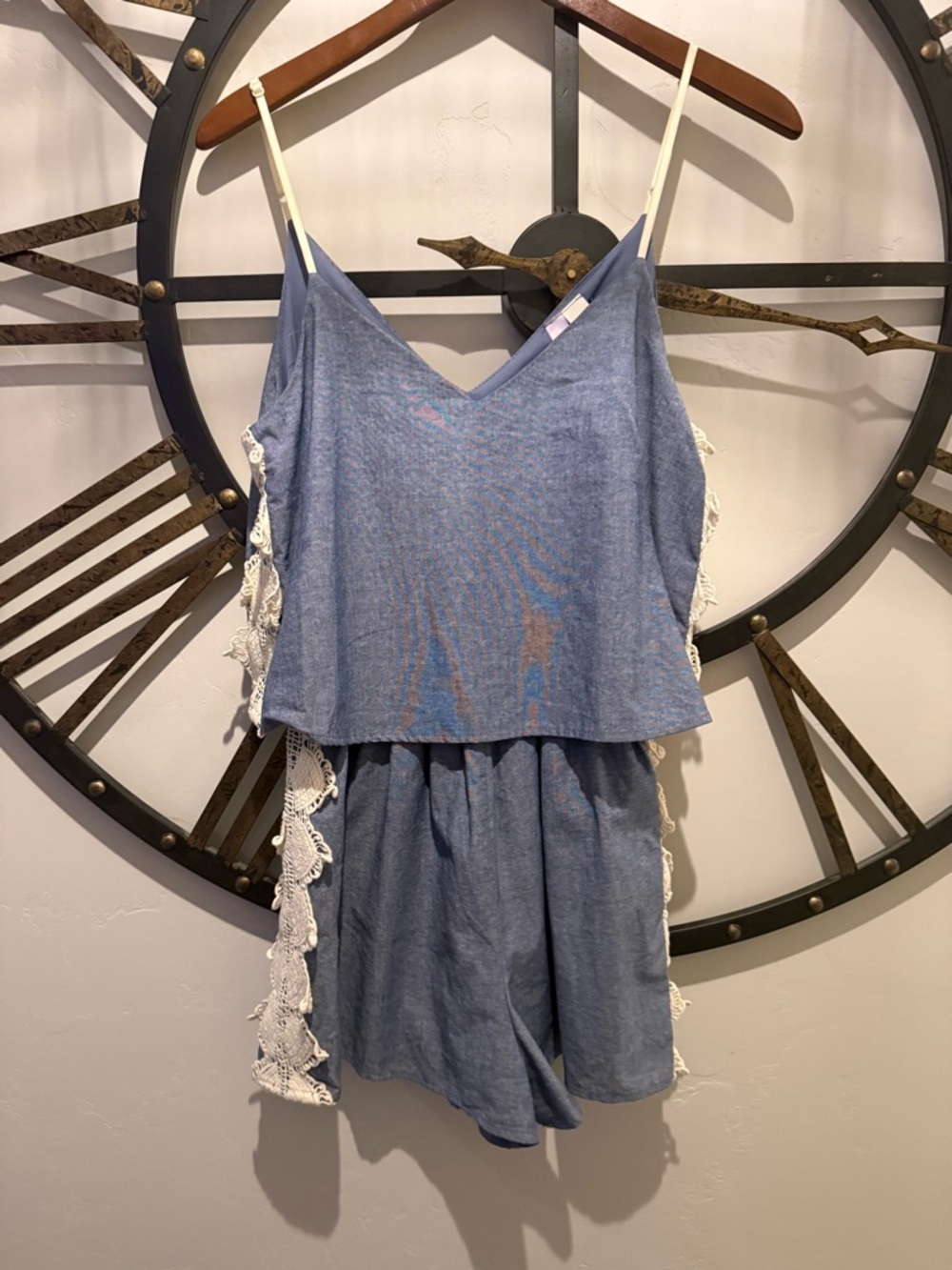 Alya Blue Chambray Romper with White Lace Trim